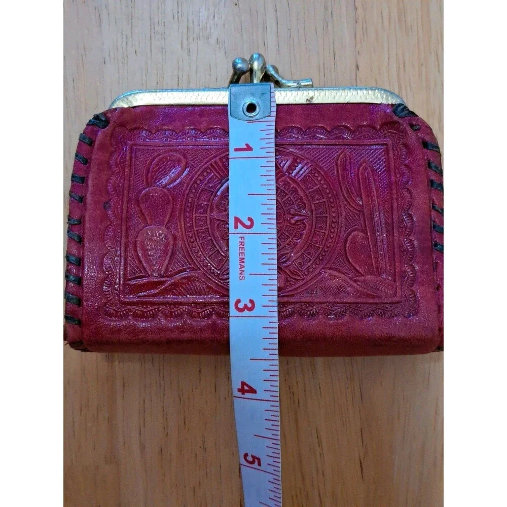 Vintage Red Tooled Leather Coin Purse Mexican Aztec Mayan Kiss Lock FLAWS